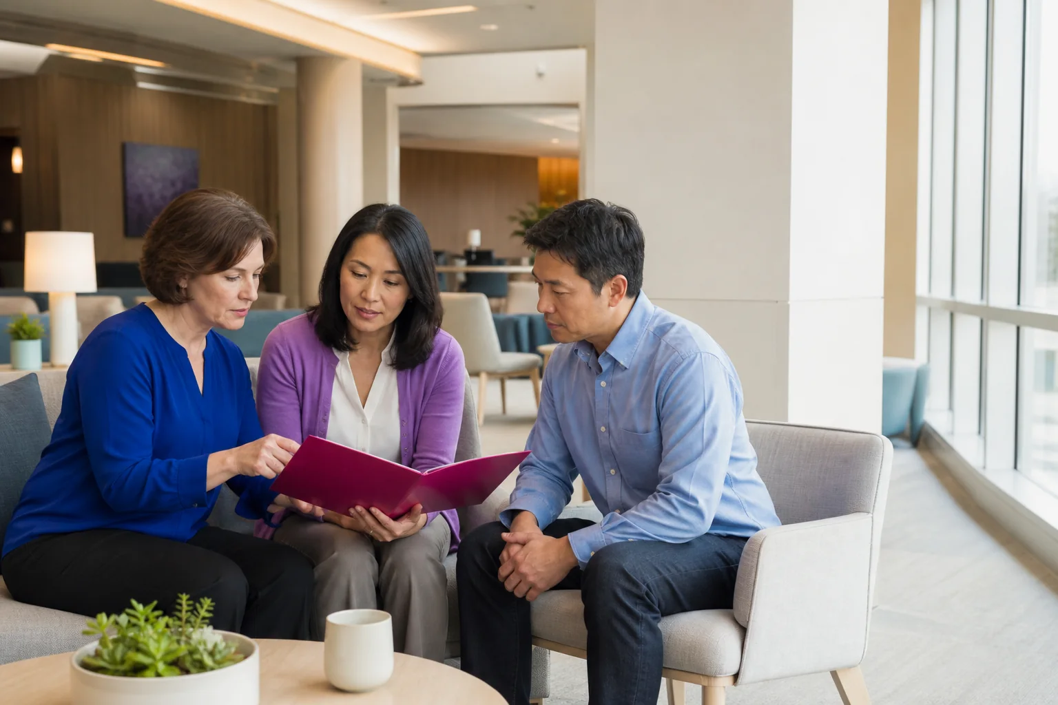 A case manager, home-care coordinator, and adult family member reviewing a transition plan together